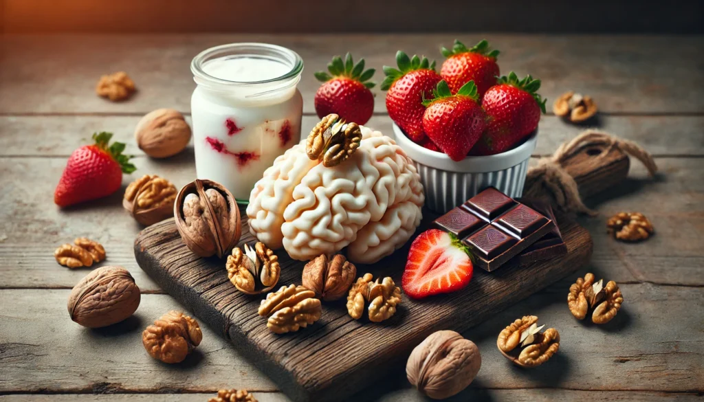 A natural-themed composition of brain-boosting test snacks like walnuts, strawberries, Greek yogurt, and dark chocolate, arranged on a rustic wooden tray with soft lighting.

ALT Text: "A rustic arrangement of brain-boosting test snacks, including walnuts and Greek yogurt, for sustained energy and mental clarity."