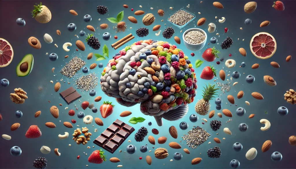 A futuristic visualization of a brain surrounded by floating healthy snacks like nuts, berries, dark chocolate, and whole grains, symbolizing their cognitive benefits for test taking.

ALT Text: "A futuristic brain visualization with floating test snacks, emphasizing the link between nutrition and academic performance."