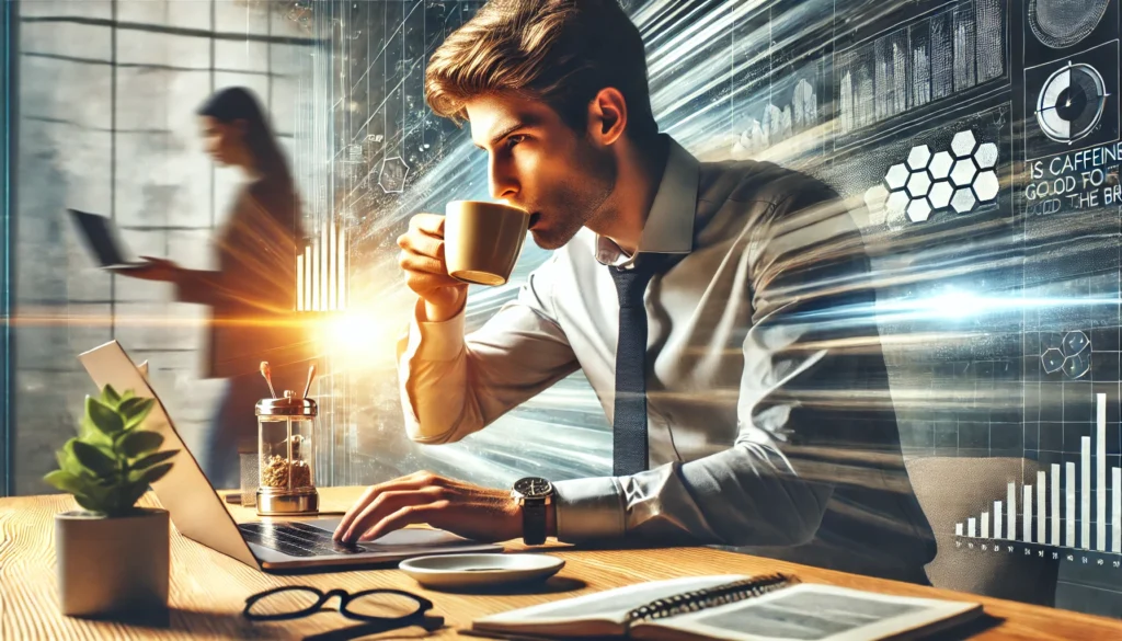 A dynamic scene of a young professional drinking coffee while working on a laptop, depicting caffeine’s effect on focus and productivity.