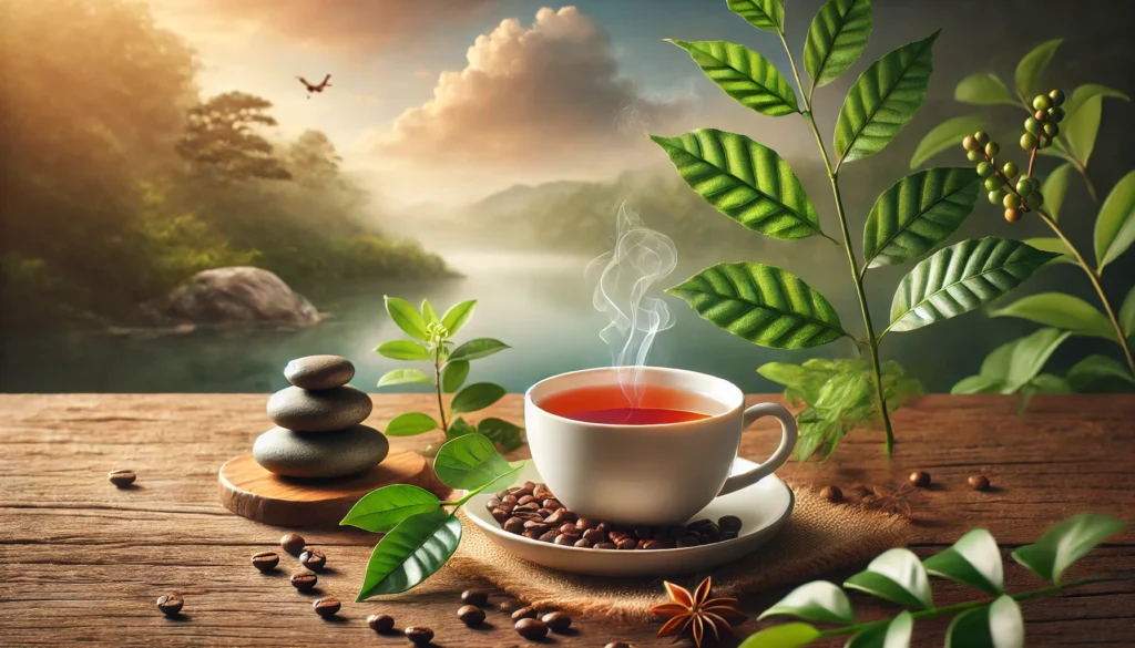 A natural-themed composition of a cup of tea surrounded by coffee beans and green leaves, illustrating the balance of energy and relaxation from caffeine.