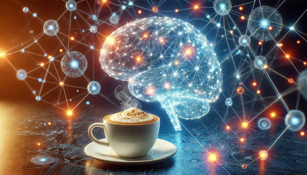 A futuristic visualization of a human brain surrounded by glowing neural connections with coffee in the foreground, symbolizing caffeine’s role in brain function.