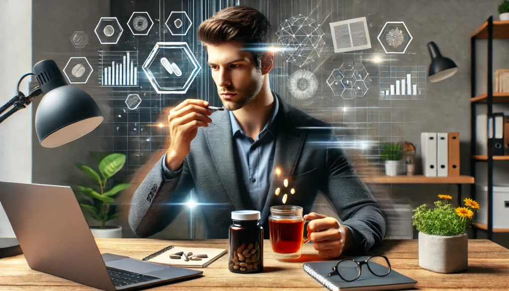 A dynamic image of a focused young professional taking a cognitive-enhancing supplement at a well-organized workspace, featuring a laptop, notebook, and herbal tea, symbolizing productivity and mental clarity.