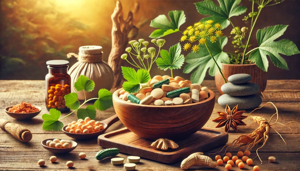 A natural-themed composition featuring a wooden bowl filled with herbal supplements like Ginkgo Biloba, Bacopa Monnieri, and Panax Ginseng, highlighting natural remedies for cognitive enhancement.