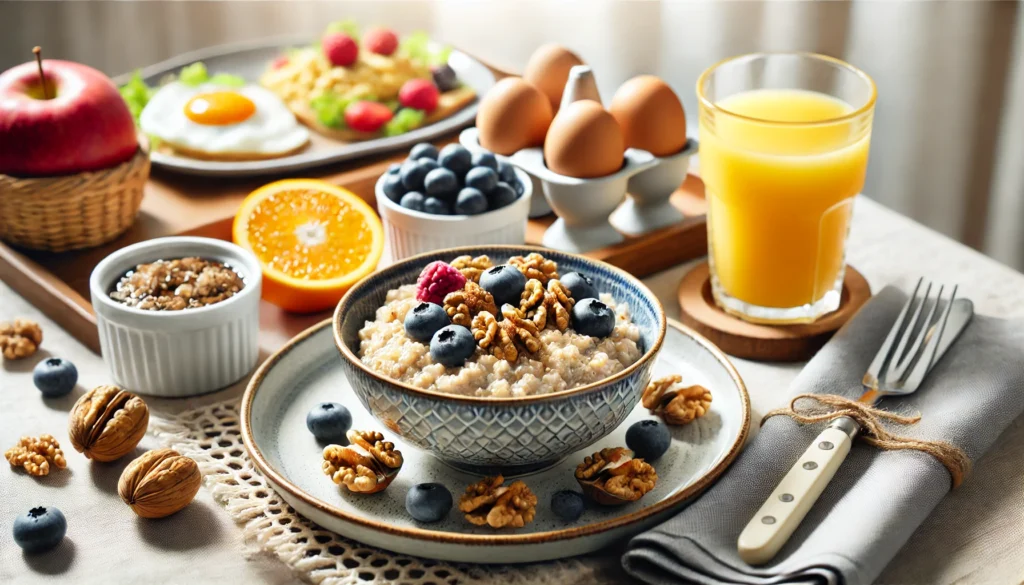 A visually appealing breakfast spread designed for brain health in seniors, featuring a bowl of oatmeal topped with walnuts and berries, a glass of orange juice, and a side of scrambled eggs, arranged on a cozy breakfast table with soft natural lighting.