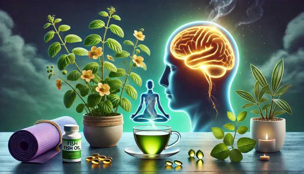 "A conceptual illustration showcasing Bacopa Monnieri plants, a bottle of fish oil capsules, a steaming cup of green tea, and a yoga mat in a serene setting with a glowing human brain silhouette, symbolizing enhanced cognitive performance and focus.