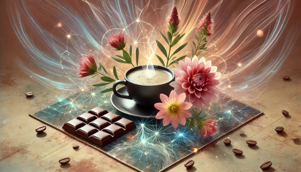 An artistic visualization of Rhodiola Rosea flowers, dark chocolate squares, and a steaming cup of coffee surrounding a glowing neural network, symbolizing stress relief and enhanced focus, with a background of abstract energy waves and earthy tones.