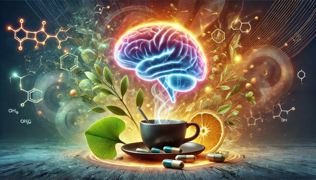 A dynamic artistic visualization of natural and synthetic nootropics, including capsules, a steaming cup of green tea, and Ginkgo Biloba leaves surrounding a glowing brain hologram, with abstract swirls of dopamine and serotonin symbols representing mood enhancement and cognitive performance.