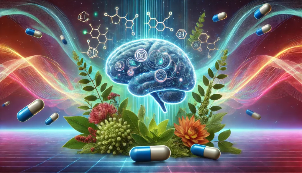 A futuristic artistic representation of euphoric nootropics, featuring a glowing abstract brain surrounded by swirling neurotransmitter symbols, natural herbs like Rhodiola Rosea, and synthetic capsules. The background includes vibrant energy waves blending into a calming blue gradient, symbolizing cognitive and emotional balance.