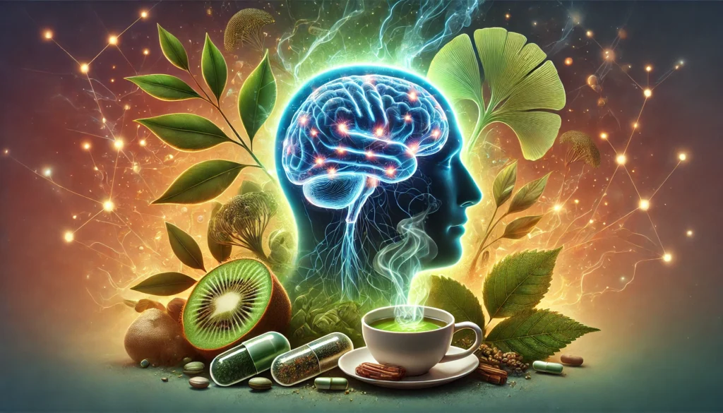 A conceptual artistic depiction of nootropic benefits featuring a glowing human brain surrounded by steaming green tea, Ginkgo Biloba leaves, and nootropic capsules, with a background transitioning from soft earth tones to vibrant neural light patterns, symbolizing enhanced focus and emotional well-being.