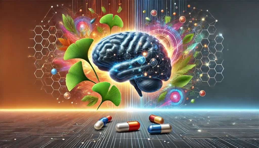 "A futuristic illustration showcasing the synergy of natural and synthetic nootropics, featuring a glowing brain, capsules, and Ginkgo Biloba leaves, set against a backdrop of abstract neural patterns and vibrant energy waves, symbolizing cognitive enhancement and innovation.