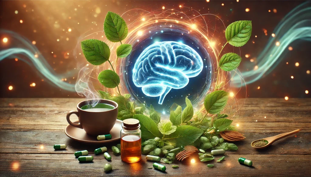 A conceptual image of nootropic blends featuring a glowing brain hologram surrounded by Bacopa Monnieri leaves, a bottle of capsules, and a cup of steaming green tea, with a background blending serene earth tones and abstract glowing light trails, symbolizing holistic cognitive enhancement.