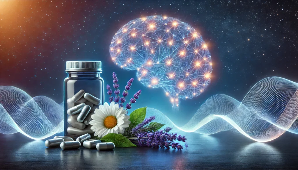 A conceptual depiction of nootropics promoting sleep, showcasing a glowing neural network intertwined with natural herbs like chamomile, Ashwagandha, and lavender, alongside a bottle of capsules, set against a tranquil midnight blue background transitioning to soft glowing light waves, symbolizing relaxation and deep sleep.