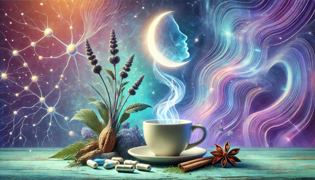 "A serene artistic composition featuring sleep-enhancing nootropics such as Ashwagandha roots, a steaming cup of herbal tea, capsules, and a glowing crescent moon, with a background of soft blue and purple gradients blending into abstract neural waves, symbolizing calmness and restorative sleep."