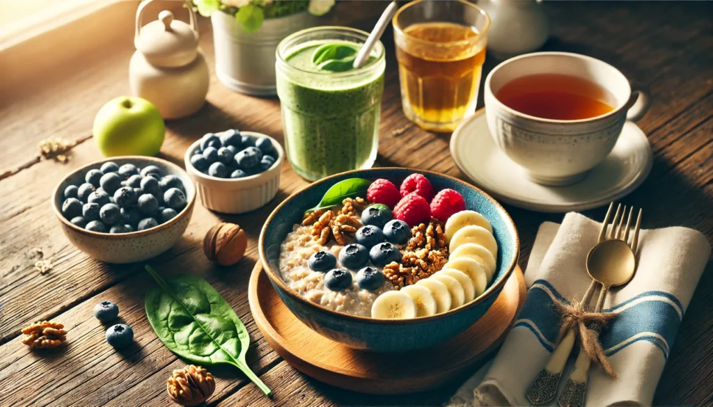 A visually appealing breakfast spread featuring the best foods to eat for mental health, including a bowl of oatmeal topped with walnuts and fresh berries, a smoothie with spinach and bananas, and a cup of green tea, arranged on a cozy wooden breakfast table with soft morning light.