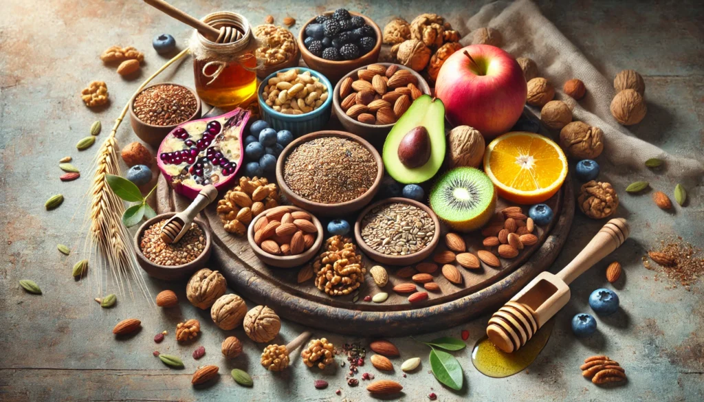 A beautifully arranged still-life composition of the best foods to eat for mental health, featuring a mix of nuts, seeds, fresh fruits, whole grains, and a drizzle of honey, displayed on a rustic wooden board with soft, natural lighting for an organic feel.