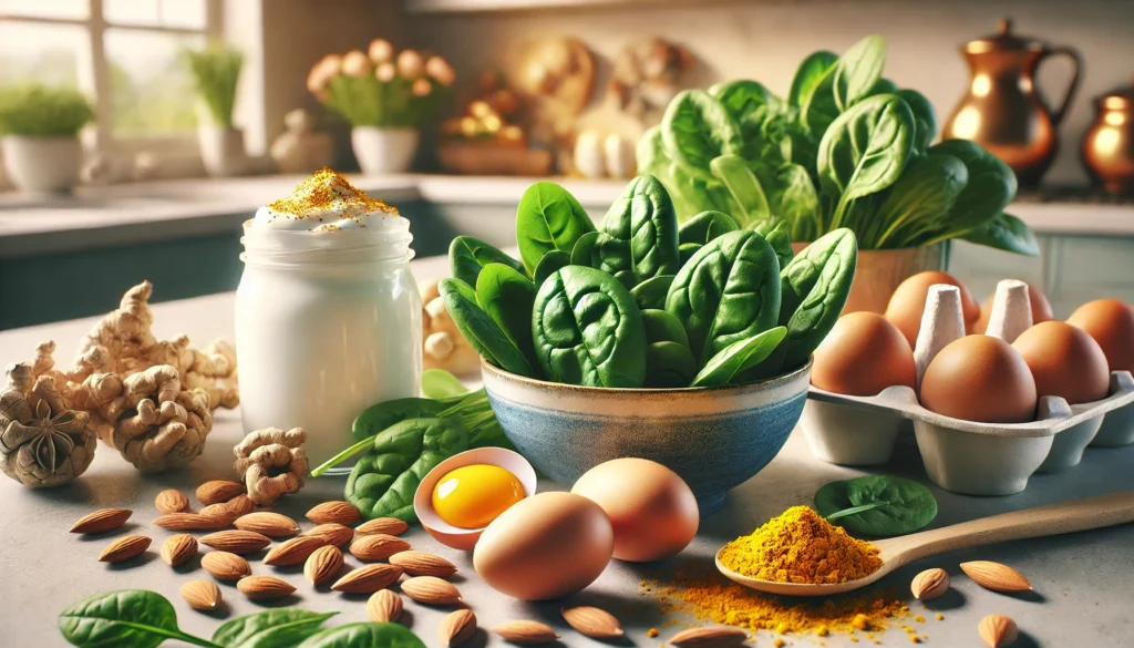 A high-quality digital rendering of brain-boosting foods for mental health, including fresh spinach, almonds, eggs, turmeric, and a bowl of Greek yogurt, beautifully arranged on a modern kitchen countertop with soft warm lighting.