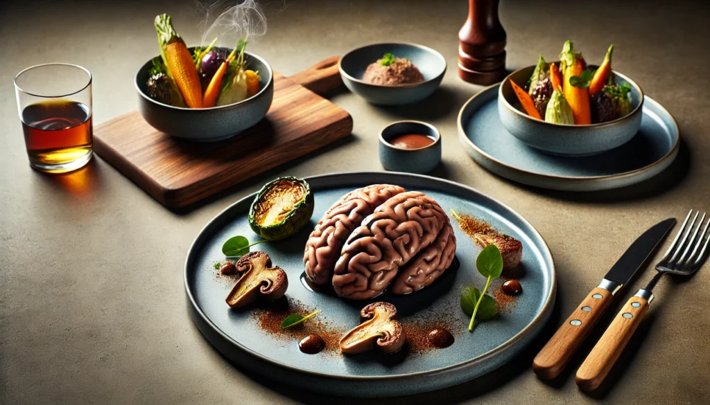 A visually compelling image showcasing a plated meal featuring cooked animal brain, elegantly presented with sides such as roasted vegetables and aromatic herbs.