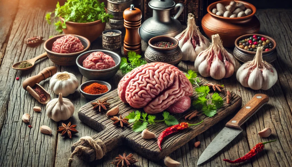 A beautifully arranged still-life composition of raw animal brain prepared for cooking, placed on a wooden cutting board with fresh herbs, spices, and traditional cooking utensils.