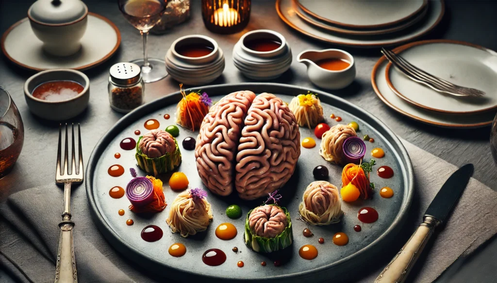 A visually striking image of a gourmet plated dish featuring cooked animal brain, artistically arranged with complementary vegetables and sauces.