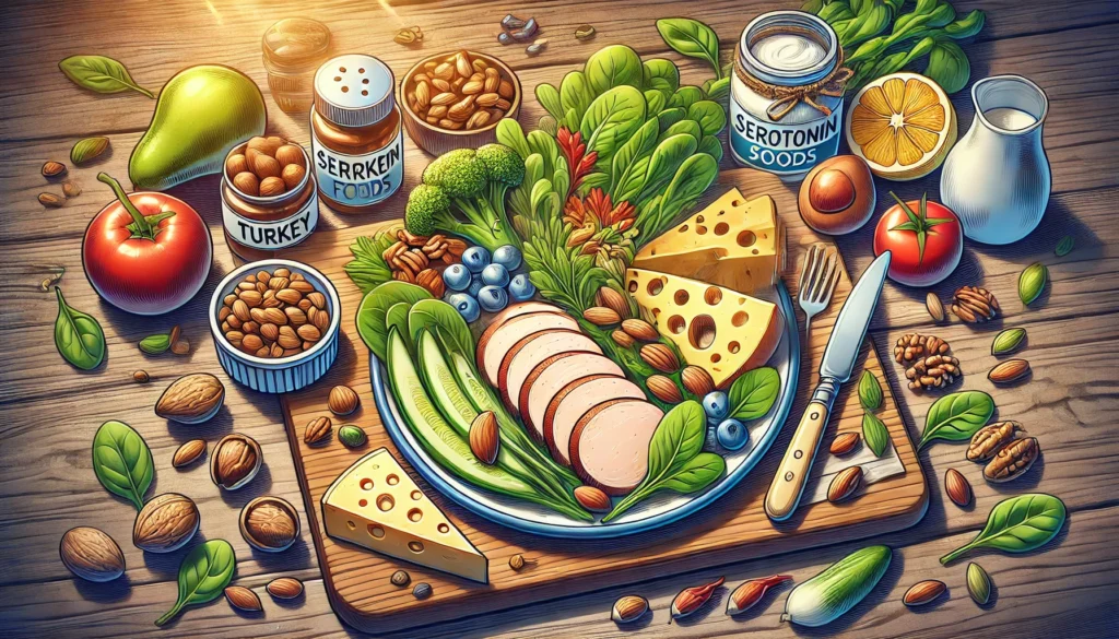 Healthy meal featuring serotonin-boosting foods, including turkey, nuts, cheese, and leafy greens, arranged on a rustic wooden table with natural light streaming in.