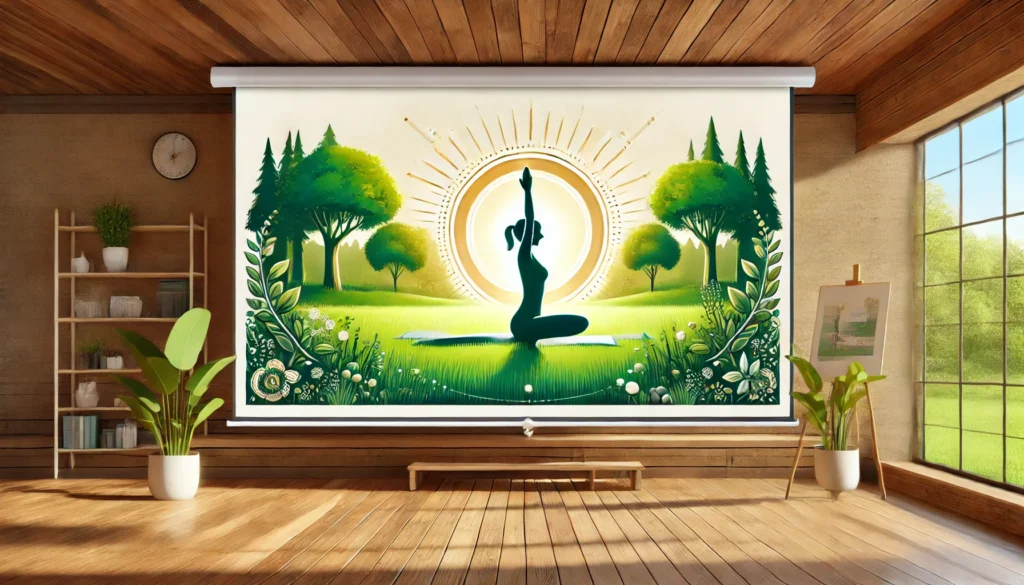 Serene outdoor scene with a person practicing yoga in a sunny park, surrounded by lush grass and tall trees, highlighting the link between physical activity, serotonin production, and mental well-being.