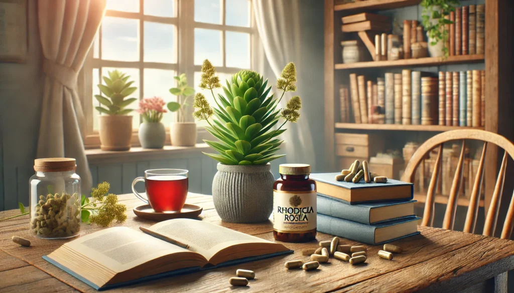 Cozy study area featuring Rhodiola Rosea supplements on a wooden desk alongside a cup of herbal tea and an open book, symbolizing relaxation, focus, and stress relief through natural nootropics.