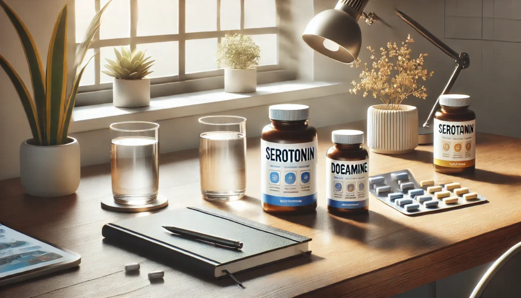 Modern workspace featuring serotonin and dopamine supplement bottles on a sleek wooden desk, with a glass of water, an open notebook, and sunlight streaming through a window to emphasize health, balance, and mental clarity