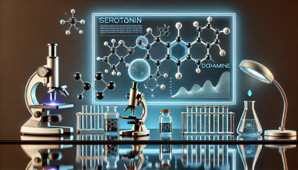 Modern scientific lab setup featuring serotonin and dopamine molecular models on a sleek glass counter, alongside vials, a microscope, and a glowing monitor displaying neurotransmitter pathways, symbolizing innovation in mental health supplements.