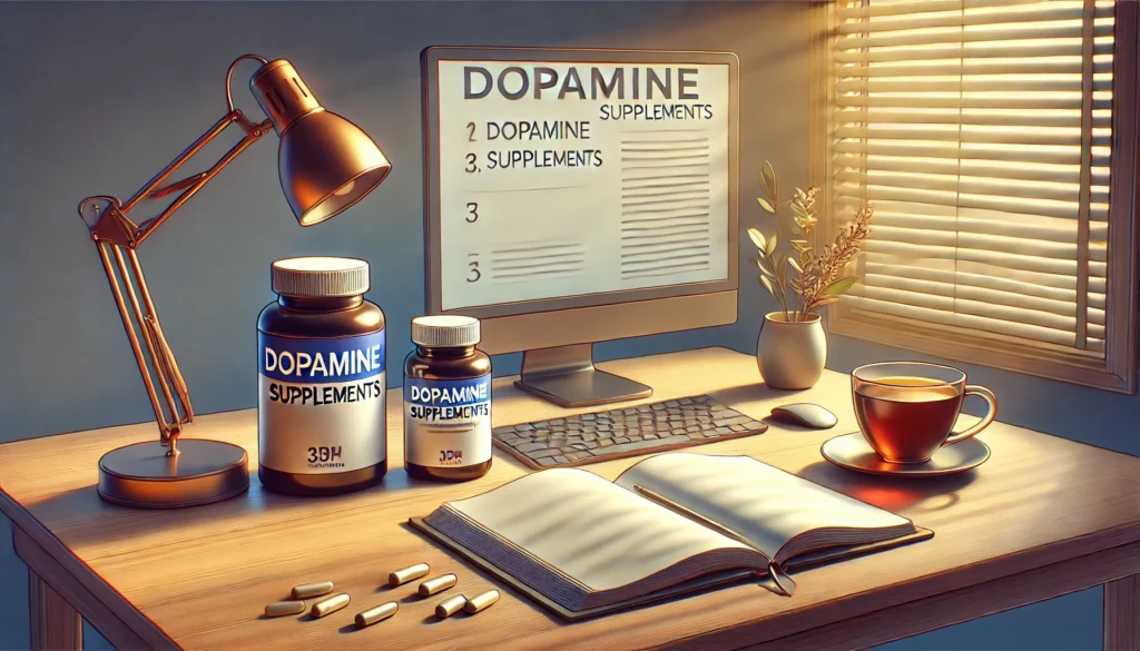 Serene desk setup featuring dopamine supplements, an open notebook, and a cup of herbal tea, illuminated by natural light to symbolize focus, ADHD management, and natural treatment approaches