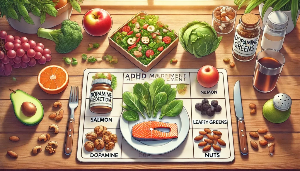 Balanced meal featuring foods rich in nutrients that support dopamine production, including salmon, leafy greens, nuts, and fresh fruit, placed on a wooden table illuminated by natural light, emphasizing diet's role in ADHD management.