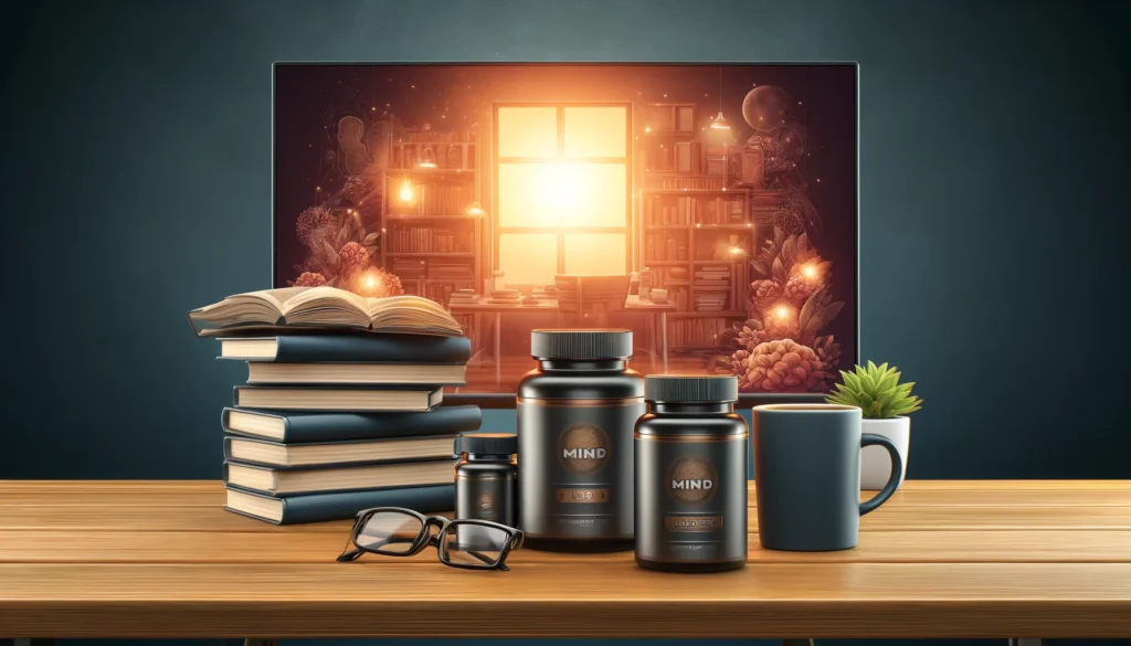 Calm study area featuring a stack of books, a cup of herbal tea, and nootropic supplements like Mind Lab Pro on a wooden desk, illuminated by warm lighting to emphasize focus, learning, and cognitive enhancement