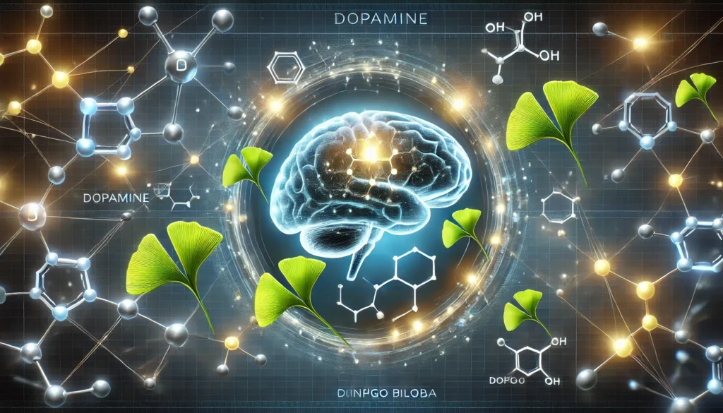 A futuristic depiction of a brain surrounded by glowing neural pathways and dopamine molecular structures, with Ginkgo Biloba leaves subtly integrated, symbolizing the connection between Ginkgo Biloba and dopamine regulation