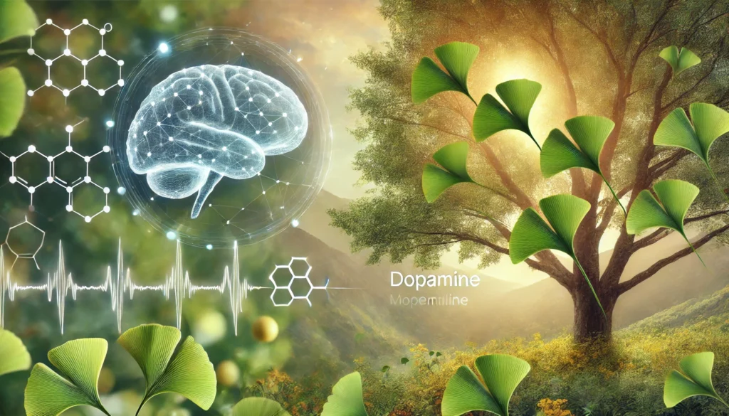 A serene natural environment featuring Ginkgo Biloba trees and leaves, overlaid with brainwave patterns and dopamine molecular diagrams, symbolizing the combination of natural remedies and cognitive health benefits