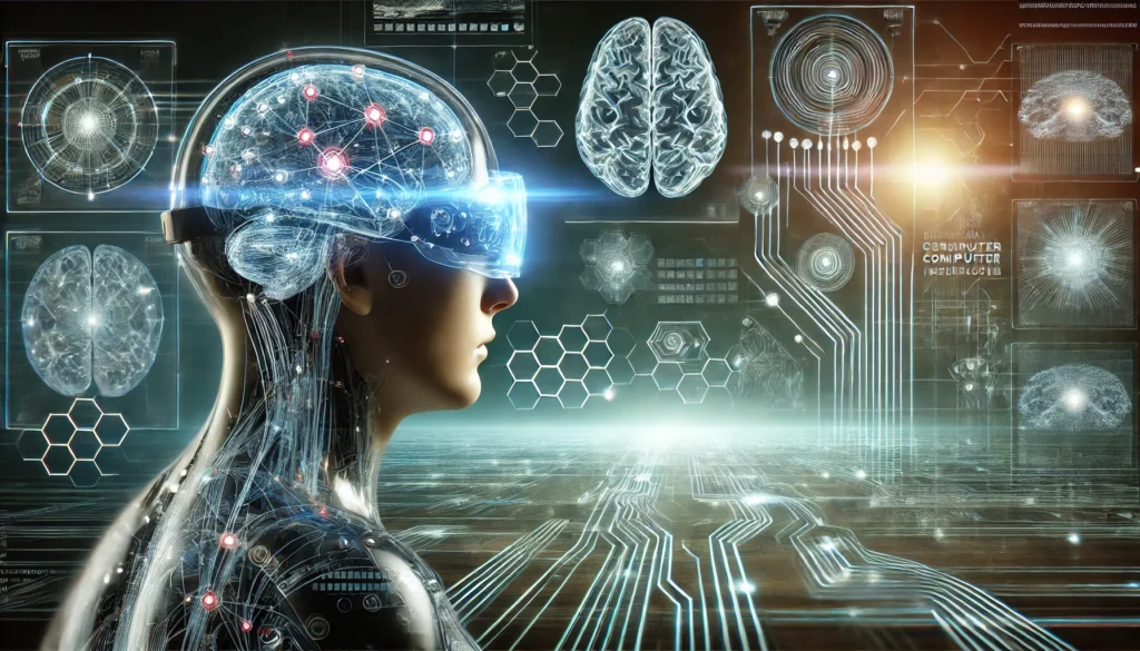 A futuristic scene of a person wearing a brain-computer interface (BCI) headset, with holographic projections of neural pathways and data streams, symbolizing cutting-edge technology in cognitive enhancement.