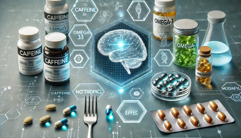 A futuristic scene featuring various nootropics like caffeine, omega-3 capsules, and modafinil tablets, with a holographic overlay of their cognitive effects on the brain, symbolizing science and wellness.