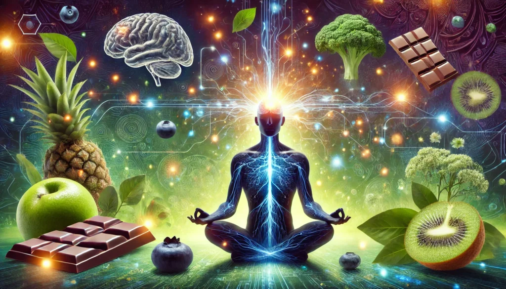 A representation of focus and mindfulness, showing a person meditating in nature with neural pathways connecting their brain to a background of lush greenery. Surrounding them are foods like blueberries, dark chocolate, and leafy greens.

ALT Text: “How to increase attention span through mindfulness and nutrition: A meditating person with neural connections and brain-boosting foods.”