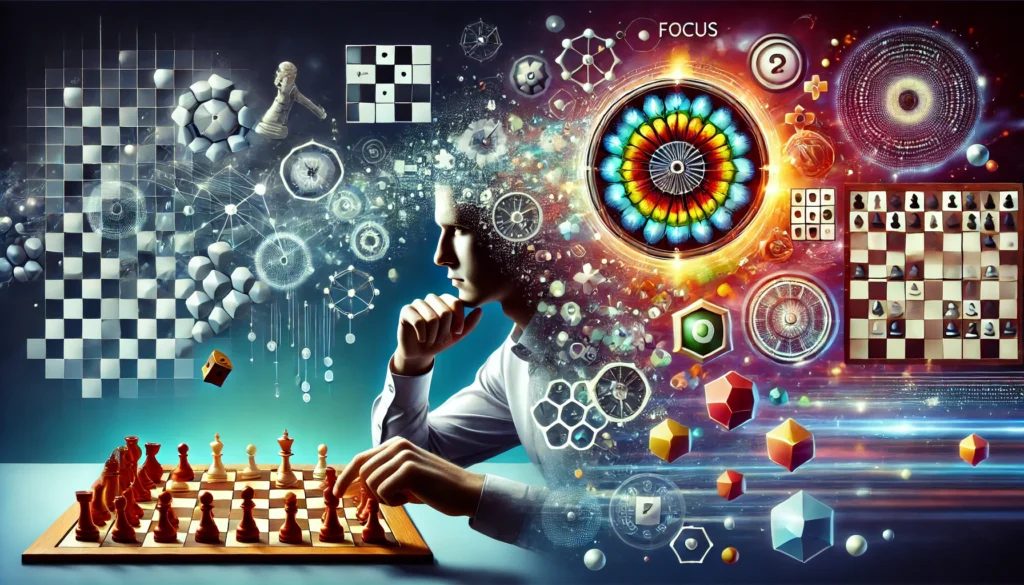 A person engaging in cognitive training activities like chess, Sudoku, and memory puzzles, with visual cues representing mental agility, concentration, and strategic thinking.

ALT Text: “Focus drills to begin practice: A symbolic representation of brain-training games to boost cognitive performance and concentration.”