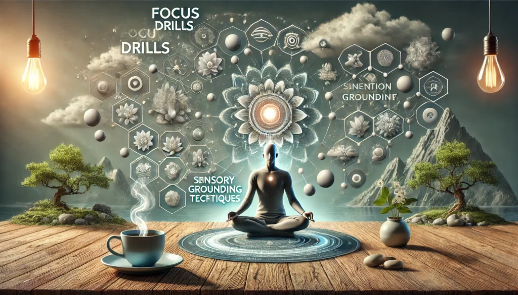 A person practicing mindfulness meditation in a serene setting with floating symbols representing relaxation, attention control, and sensory grounding techniques. The environment includes calming elements like soft lighting, nature, and herbal tea.

ALT Text: “Focus drills to begin practice: A mindfulness meditation scene emphasizing relaxation and sensory grounding for improved attention.”