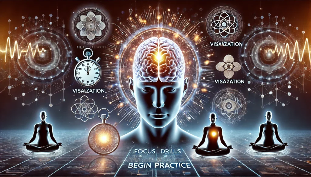 An artistic visualization of a glowing brain with neural connections activating, surrounded by symbols representing mental training exercises like meditation, a stopwatch, visualization, and a puzzle piece.

ALT Text: “Focus drills to begin practice: A conceptual illustration of brain training exercises to enhance concentration and cognitive engagement.”