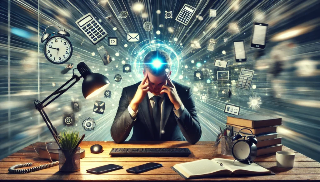 A professional at a modern office desk, visibly frustrated, surrounded by floating digital distractions like ringing phones and blurry screens. A small illuminated bubble around their head represents an attempted moment of focus amidst workplace chaos.

ALT Text: “Can’t concentrate: A stressed office worker struggling with digital interruptions and workplace distractions.”