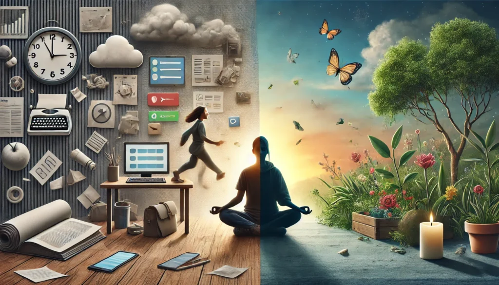 A person transitioning from a chaotic, distracted state into a calm, focused state through mindfulness meditation. One half of the background is filled with digital noise, while the other half is a peaceful nature scene symbolizing mental clarity.

ALT Text: “Can’t concentrate: A person using mindfulness meditation to shift from distraction to mental clarity and improved focus.”