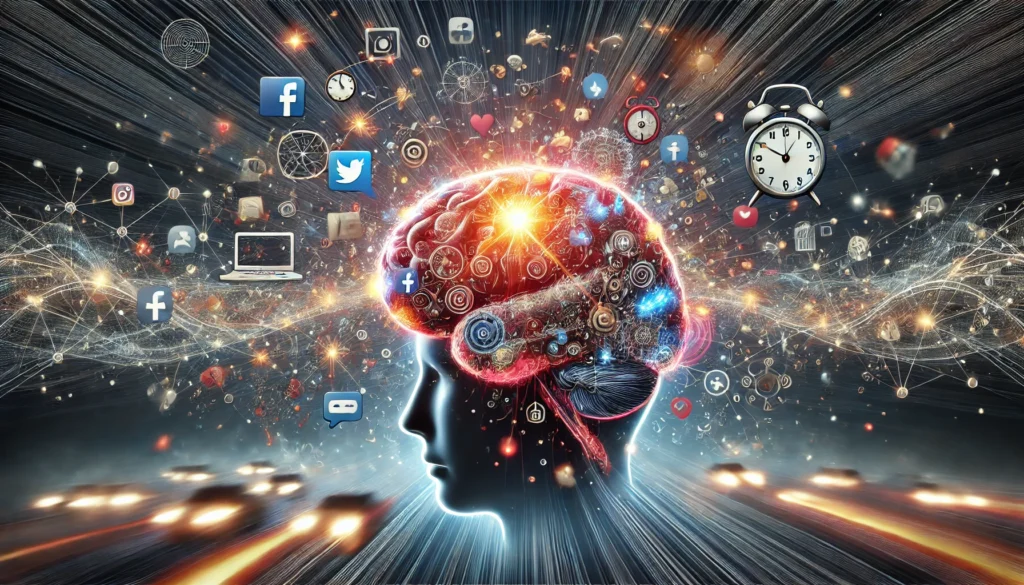 An artistic visualization of a glowing brain overwhelmed with distractions, including social media icons, alarm clocks, and scattered thought bubbles, representing mental overload and the difficulty of concentrating.

ALT Text: “Can’t concentrate: A conceptual illustration of an overloaded brain struggling with focus due to digital and mental distractions.”