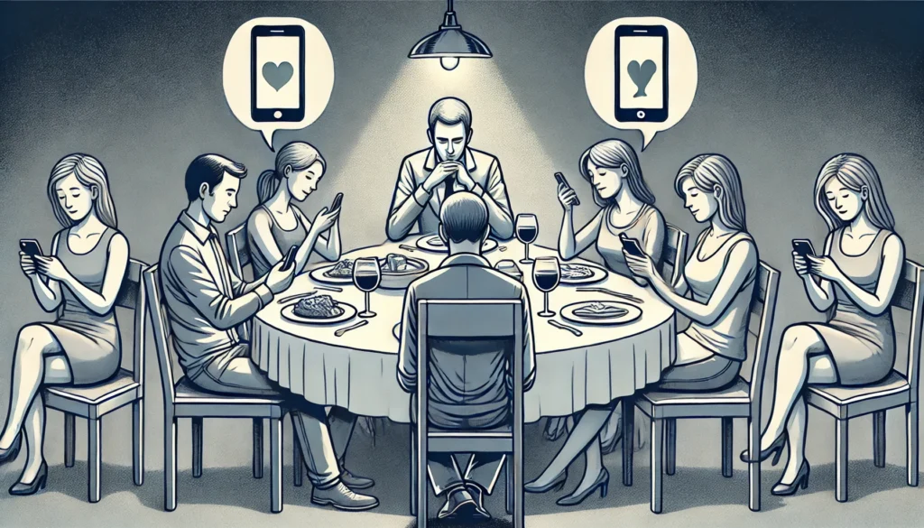 Social Disconnection Due to Phone Addiction
ALT Text: A thought-provoking illustration of a person sitting at a dinner table with friends but staring at their phone, depicting the social isolation often highlighted in cell phone addiction articles.