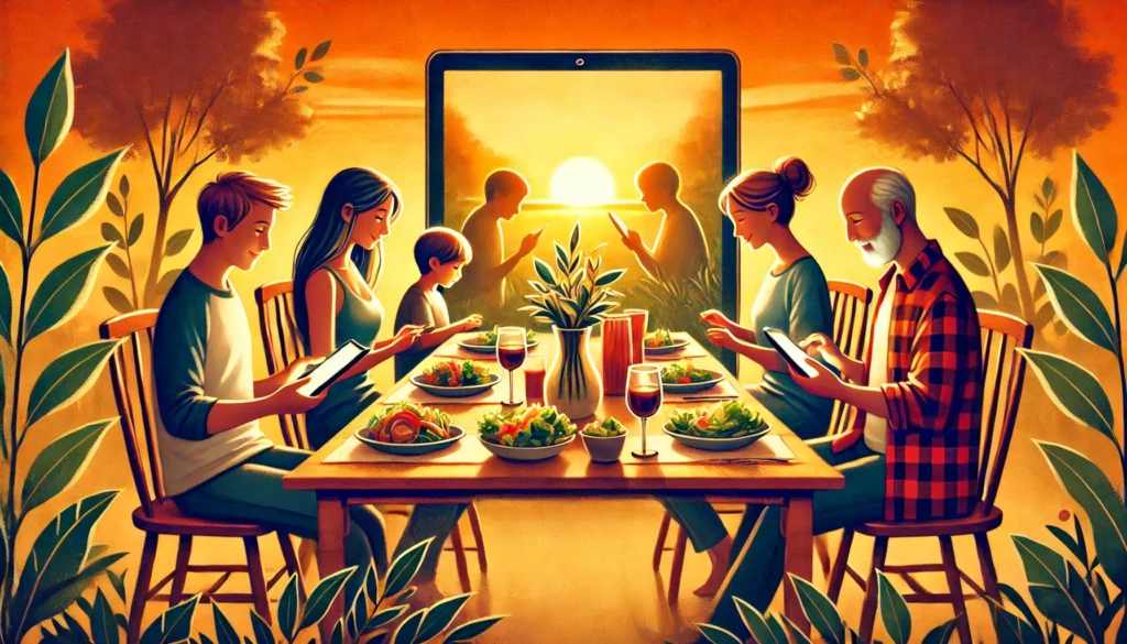 Screen-Free Family Time
ALT Text: A peaceful digital painting of a family enjoying a screen-free dinner together, emphasizing quality time and reduced screen dependency.