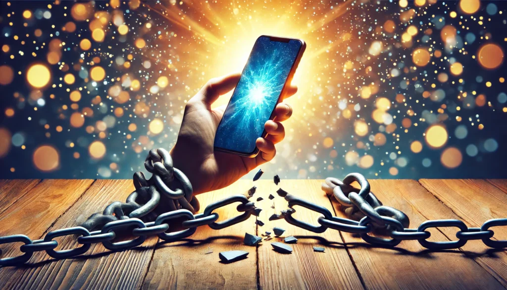 Breaking Free from Phone Dependency
ALT Text: A powerful visual representation of a broken chain connected to a smartphone, symbolizing the liberation from phone addiction and digital overuse.