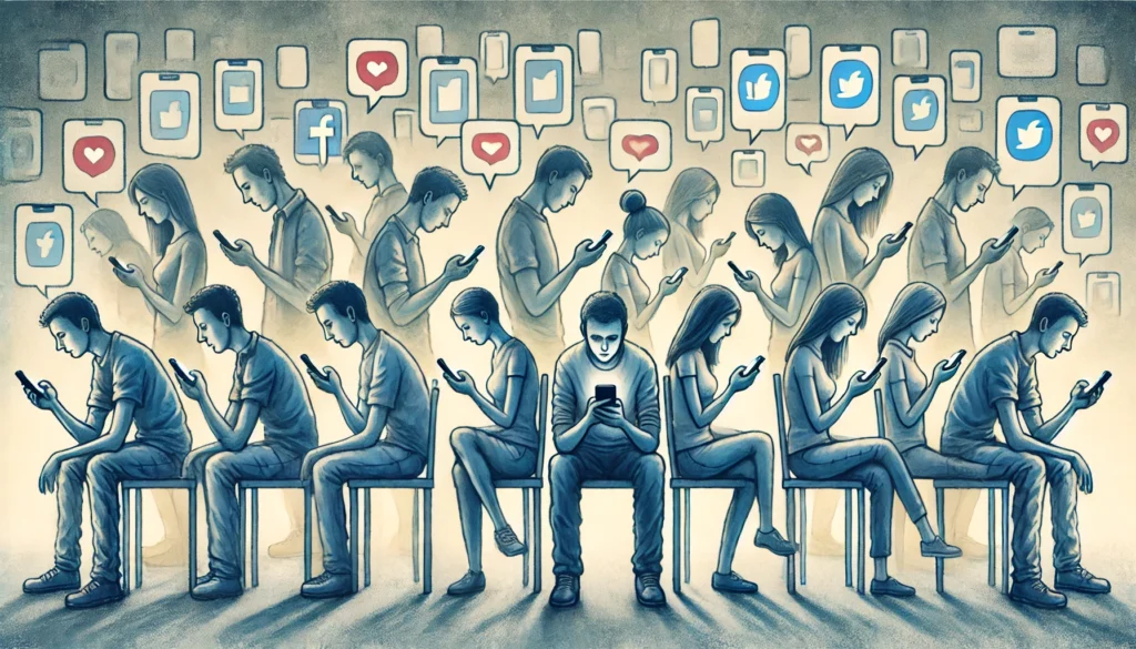 Social Isolation Due to Phone Addiction
ALT Text: A thought-provoking illustration of a group of people sitting together, each absorbed in their phones instead of engaging in conversation, depicting the social disconnection caused by phone addiction.