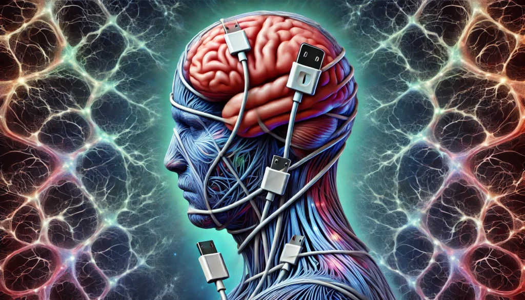 Psychological Entanglement with Technology
ALT Text: A surreal digital painting of a human brain wrapped in smartphone charging cables, representing the cognitive overload caused by phone addiction.