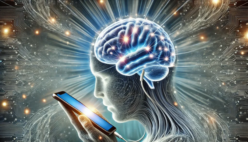 Mental Clarity and Focus
ALT Text: A conceptual artwork of a human brain glowing with clarity, free from the entanglement of phone wires, symbolizing mental freedom and focus from being on your phone less.