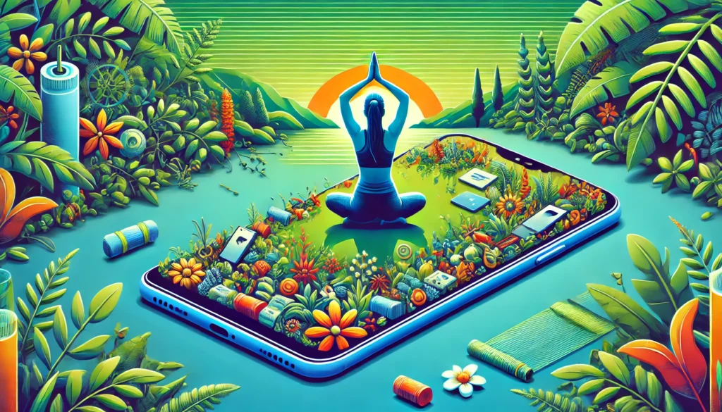 Mindfulness and Alternative Activities
ALT Text: A vibrant digital illustration of a person practicing yoga in a serene outdoor setting, focusing on mindfulness and relaxation instead of checking their phone, symbolizing healthy alternatives to excessive phone use.