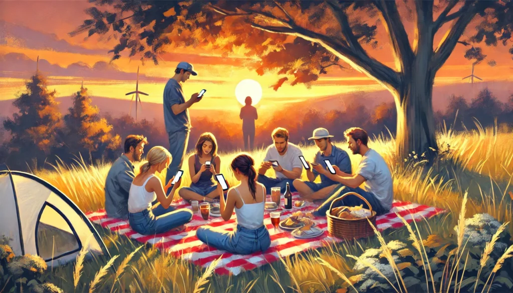 Enjoying Real-Life Connections
ALT Text: A peaceful digital painting of a group of friends enjoying an outdoor picnic, engaging in conversation and laughter without any phones in sight, emphasizing human connection and being on your phone less.